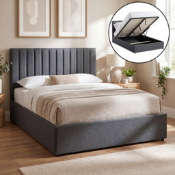 VIDA DESIGNS Vellaro Dark Grey Linen Fabric Double Ottoman Bed with Headboard - thumbnail 4
