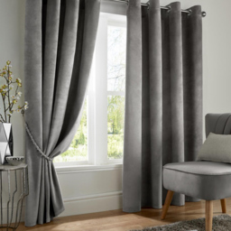 Alan Symonds Velvet Blackout Ring Top Eyelet Curtains Silver 229 x 229cm