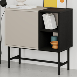 Decortie Mona Sandstone and Black Wood Single Door 2 Shelf Mini Console Table