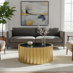 Premier Housewares Alvaro Black Glass Top Round Coffee Table with Gold Titanium Base - thumbnail 3