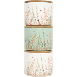Set of 3 Floral Bees Stacking Canisters with Bamboo Lid - thumbnail 1