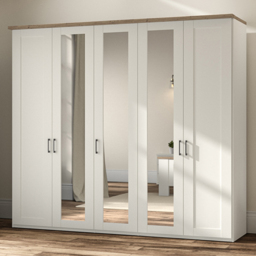 Homebase Truro Boak and White 5 Door Mirrored Hinged Wardrobe with Slate Handles
