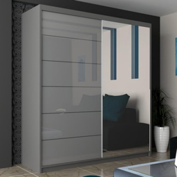 M N Furniture Inovo 2 Door Grey High Gloss Mirrored Sliding Wardrobe 150cm