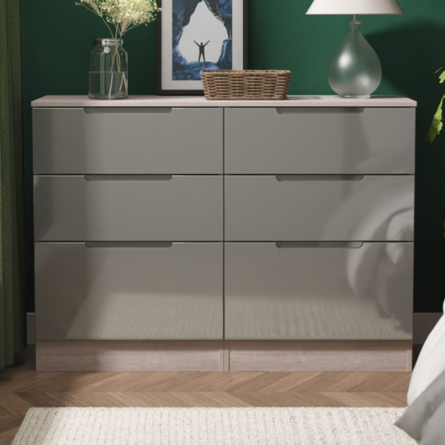 Crowndale Milan Grey Gloss and Grey Oak 6 Drawer Wide Chest of Drawers Ready Assembled - image 1