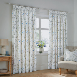 Wylder Nature Meadow Lined Pencil Pleat Curtains White and Cornflower 229 x 183cm