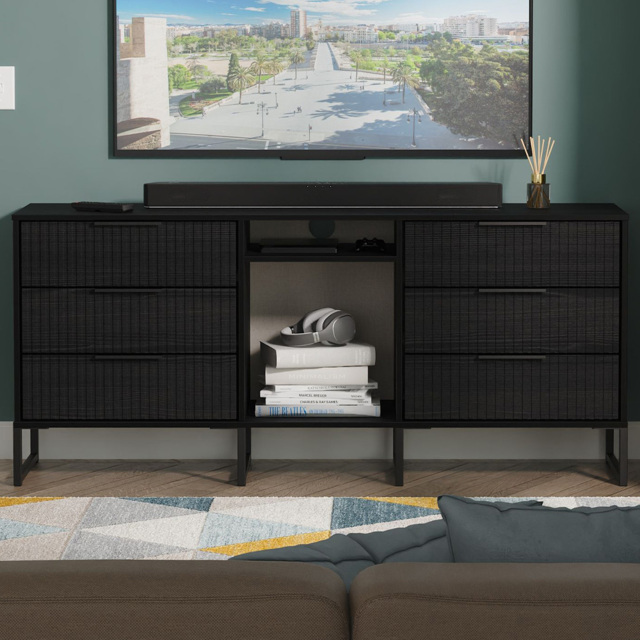 Crowndale Fluted 6 Drawer Black Ash Wide TV Sideboard Ready Assembled - image 1