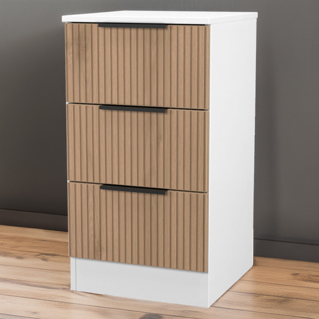 Crowndale Java Slatt Effect and White 3 Drawer Bedside Cabinet - image 1