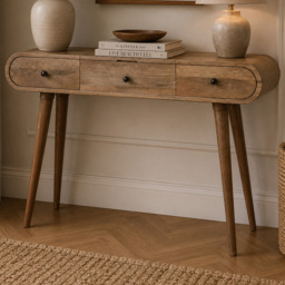 Artisan Furniture 3 Drawer Beige Oak Solid Wood Round Dressing Table with Foldable Mirror