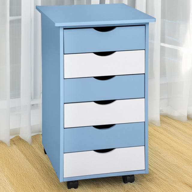 tectake 6 Drawer Blue Wooden Chest of Drawers with Wheels - image 1
