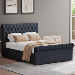 FWStyle Abbey Black Charcoal Double Side Lift Ottoman Bed Frame with Scroll Buttoned Headboard