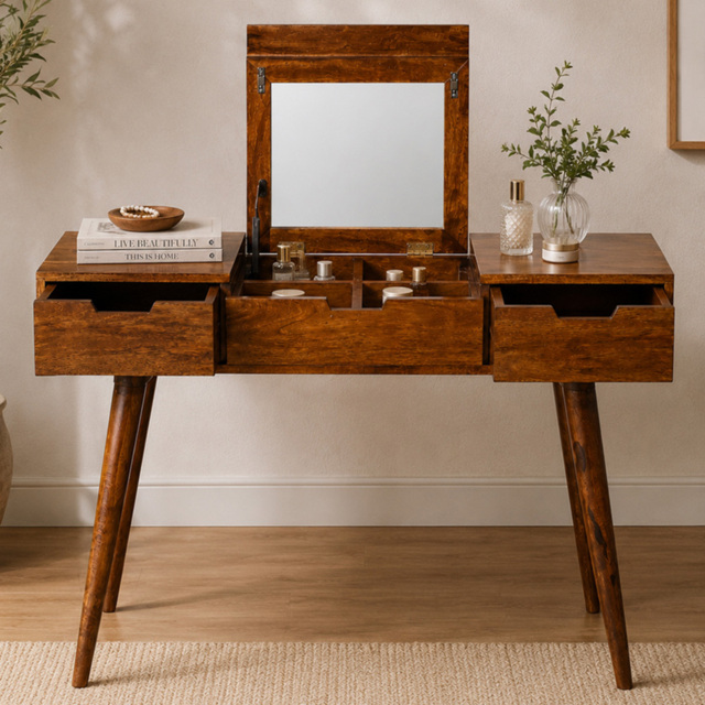 Artisan Furniture Chestnut Brown 2 Drawer Solid Wood Foldable Mirror Table - image 1
