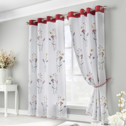 Alan Symonds Embroidered Floral Lined Ring Top Eyelet Voile Curtains White and Red 147 x 137cm