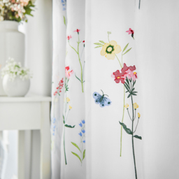 Alan Symonds Embroidered Floral Lined Ring Top Eyelet Voile Curtains White and Red 147 x 137cm - thumbnail 2