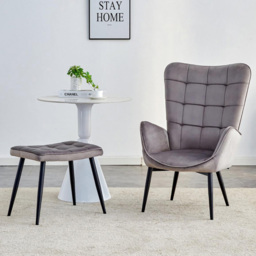Portland Grey Velvet Accent Chair with Footstool