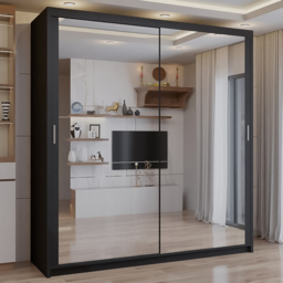 Sliding Wardrobes 4U Chicago Black 2 Door Mirror Wardrobe with Adjustable Shelves and Hanging Rails - thumbnail 1