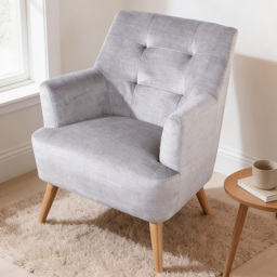 Home Source Arta Silver Grey Plush Accent Armchair with Wooden Legs