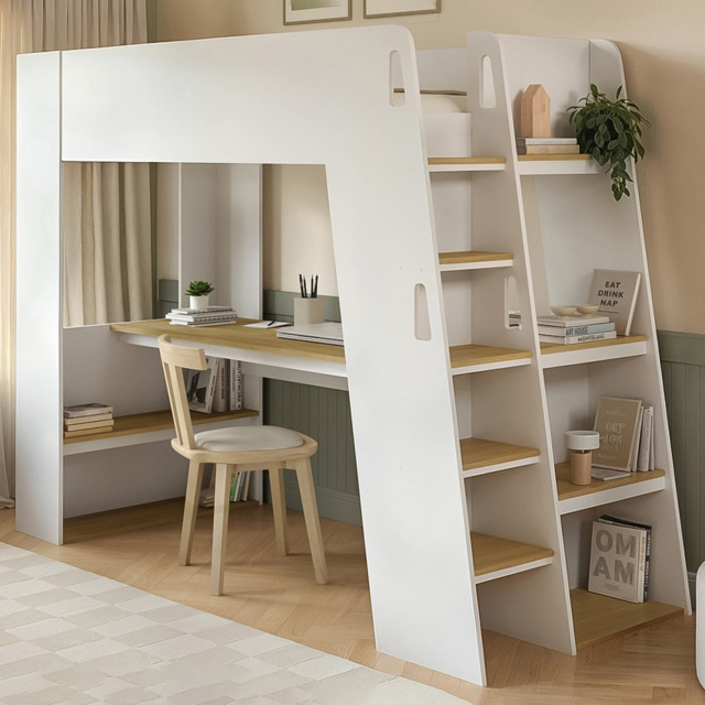 Flair Fern White and Oak High Sleeper Bed with Storage Staircase and Desk - image 1