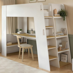 Flair Fern White and Oak High Sleeper Bed with Storage Staircase and Desk - thumbnail 1