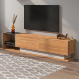 Decorotika Liza Teak Black White 2 Shelf 2 Drawer TV Unit with Wall Shelf
