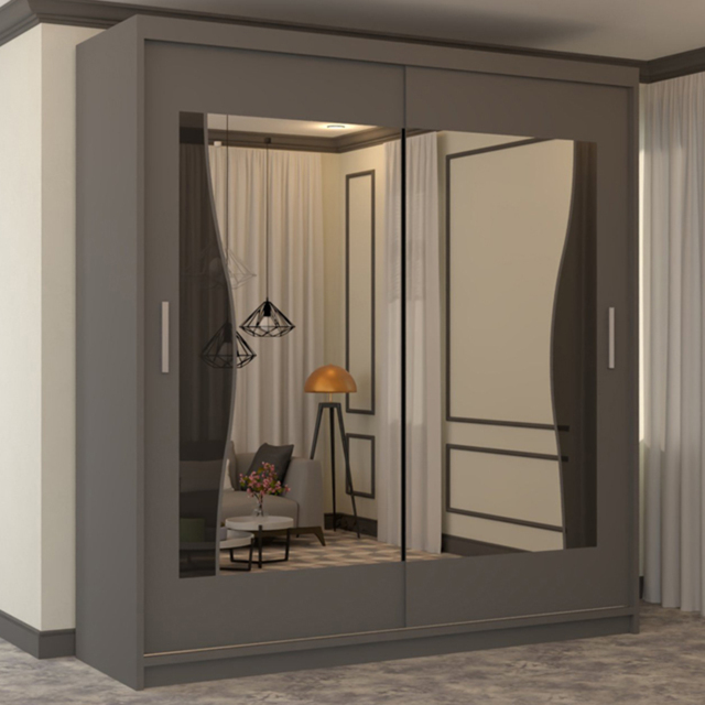 M N Furniture Banton 2 Door Grey Curved Mirrored Sliding Wardrobe 150cm - image 1
