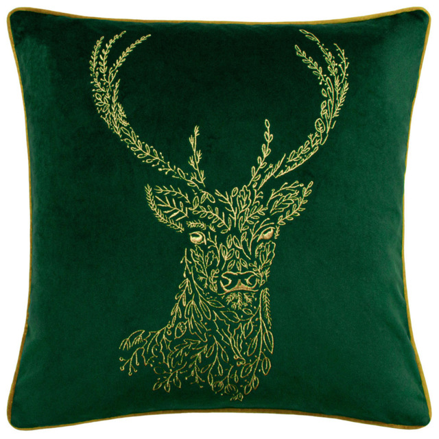 furn. Forest Fauna Emerald and Gold Stag Velvet Piped Cushion - image 1