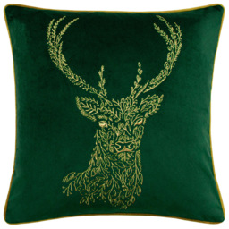 furn. Forest Fauna Emerald and Gold Stag Velvet Piped Cushion