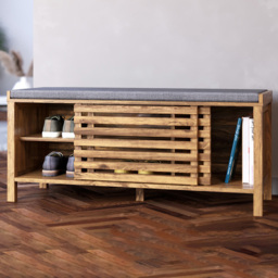 Homebase Flexi Storage Erik Mango Wood Effect 2 Door Slatted Hallway Bench with Cushion