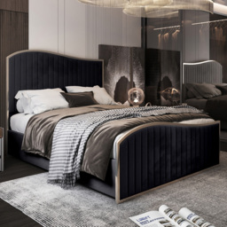 Brixton Black Double Velvet Upholstered Metal Bed Frame with Wave Headboard