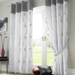 Alan Symonds Tahiti Floral Lined Ring Top Eyelet Voile Curtains Silver and White 142 x 137cm