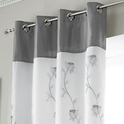 Alan Symonds Tahiti Floral Lined Ring Top Eyelet Voile Curtains Silver and White 142 x 137cm - thumbnail 2