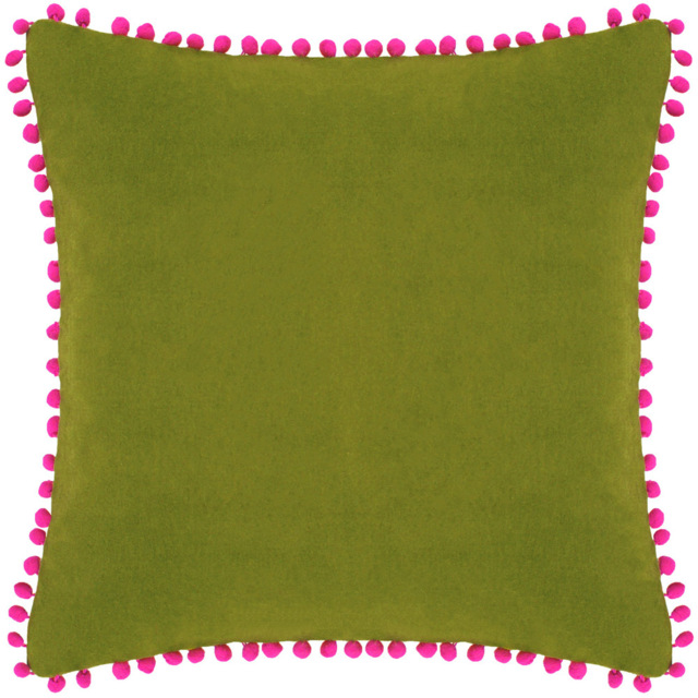 Paoletti Green and Fuchsia Velvet Touch Pom Pom Cushion - image 1