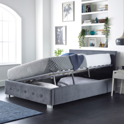 Aspire King Size Grey Plush Velvet Side Lift Ottoman Bed with Buttoned Headboard - thumbnail 3