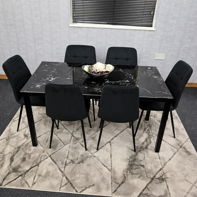 Portland Black Velvet Tufted Marble Effect Tabletop 6 Seater Dining Set - image 1