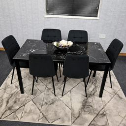 Portland Black Velvet Tufted Marble Effect Tabletop 6 Seater Dining Set - thumbnail 1