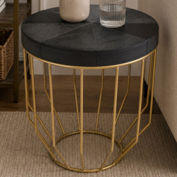 Premier Housewares Kensington Townhouse Black Hair-On-Hide Leather Top Round Side Table - thumbnail 1