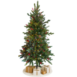 Noel Square Pre-Lit Warm White LED Artificial Xmas Tree with Pinecones and Red Berries 2.9ft