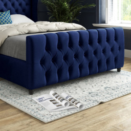 Donati Blue Small Single Velvet Upholstered Bed Frame with Straight Curved Top Headboard - thumbnail 4