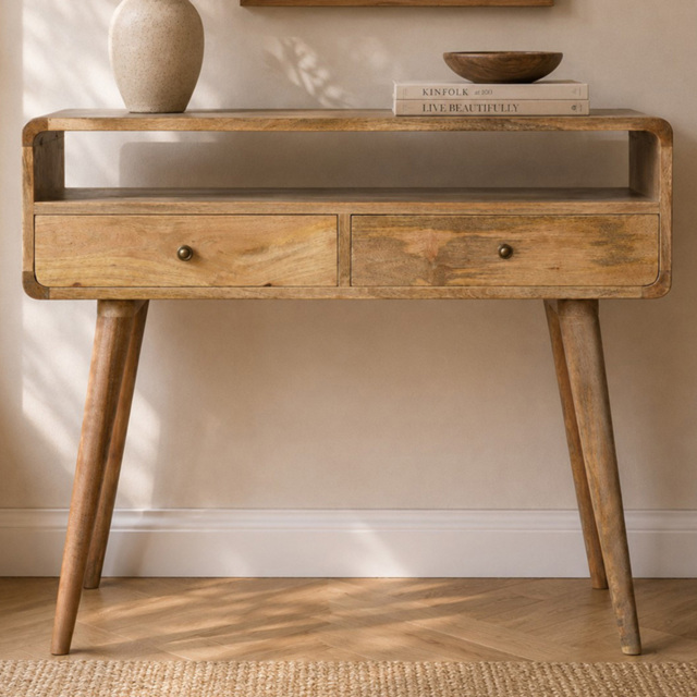 Artisan Furniture Oak 2 Drawer Single Shelf Mango Wood Curved Console Table - image 1