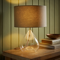 ValueLights Eloise Natural Linen Drum Shade Clear Glass Teardrop LED Table Lamp - thumbnail 2