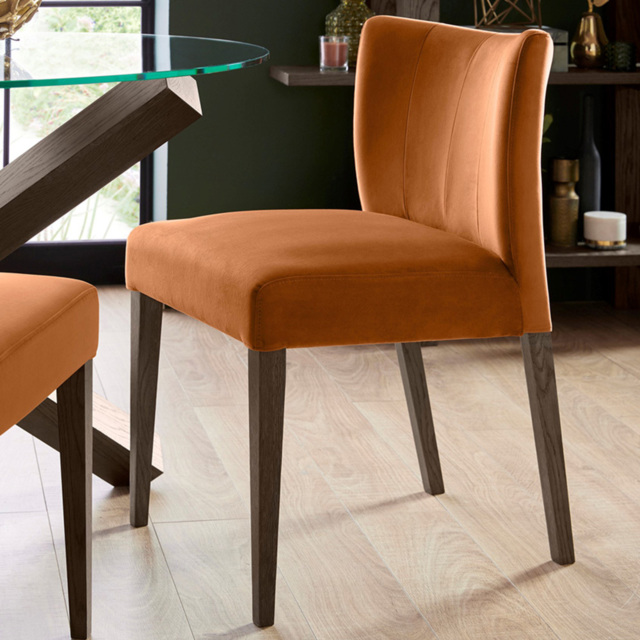 Bentley Designs Turin Dark Oak Harvet Pumpkin Velvet Low Back Upholstered Chair Set of 2 - image 1