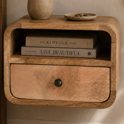 Artisan Furniture Single Drawer Single Shelf Brown Solid Wood Wall Mounted Curved Bedside Table - thumbnail 1