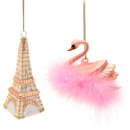 The Seasonal Gift Co. Parisian Gold Eiffel Tower and Swan Glass Bauble with Feathered Tutu 2 Pack