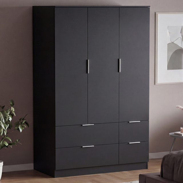 Vida Designs Trega Black 3 Door 4 Drawer Wardrobe - image 1