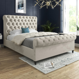 Sienna Double Silver Soft Velvet Upholstered Sleigh Bed Frame with Scrolled Headboard