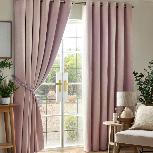 Alan Symonds Chenille Blackout Ring Top Eyelet Curtains Pink 229 x 229cm - image 1