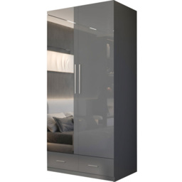 M N Furniture Glossera 2 Door 2 Drawer Grey High Gloss Mirrored Wardrobe 90cm - thumbnail 2