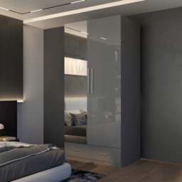 M N Furniture Glossera 2 Door 2 Drawer Grey High Gloss Mirrored Wardrobe 90cm - thumbnail 4