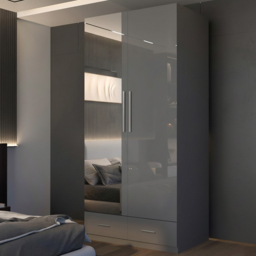M N Furniture Glossera 2 Door 2 Drawer Grey High Gloss Mirrored Wardrobe 90cm
