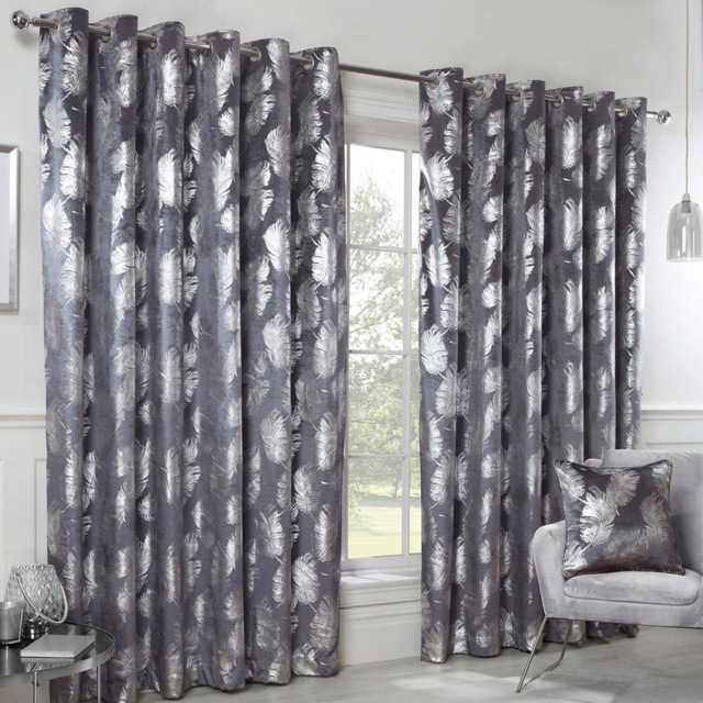 Divante Plume Charcoal Metallic Feather Eyelet Curtain 229 x 168cm - image 1