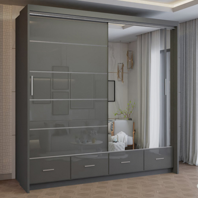 M N Furniture Seliyaa 2 Door 4 Drawer Grey High Gloss Sliding Door Wardrobe 203cm - image 1